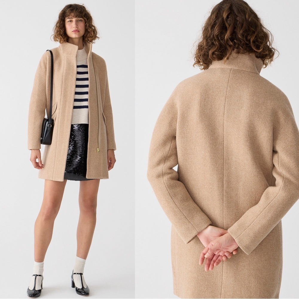 J Crew • Stadium Cloth Cocoon coat tan wool Nello Gori Heather Sandstone zip
